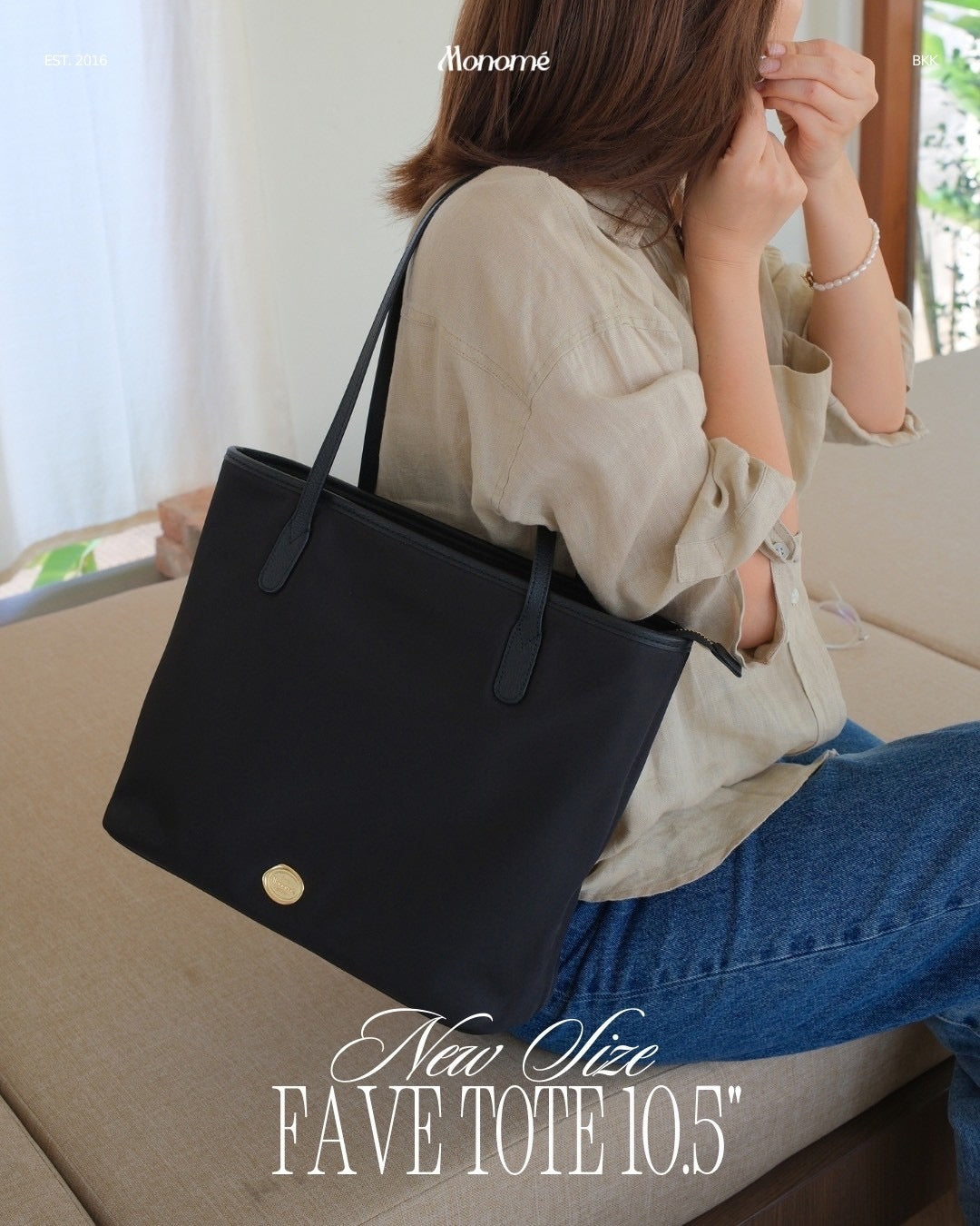 Black: FAVE TOTE Bag 10.5 inch, Premium Nylon with Genuine leather