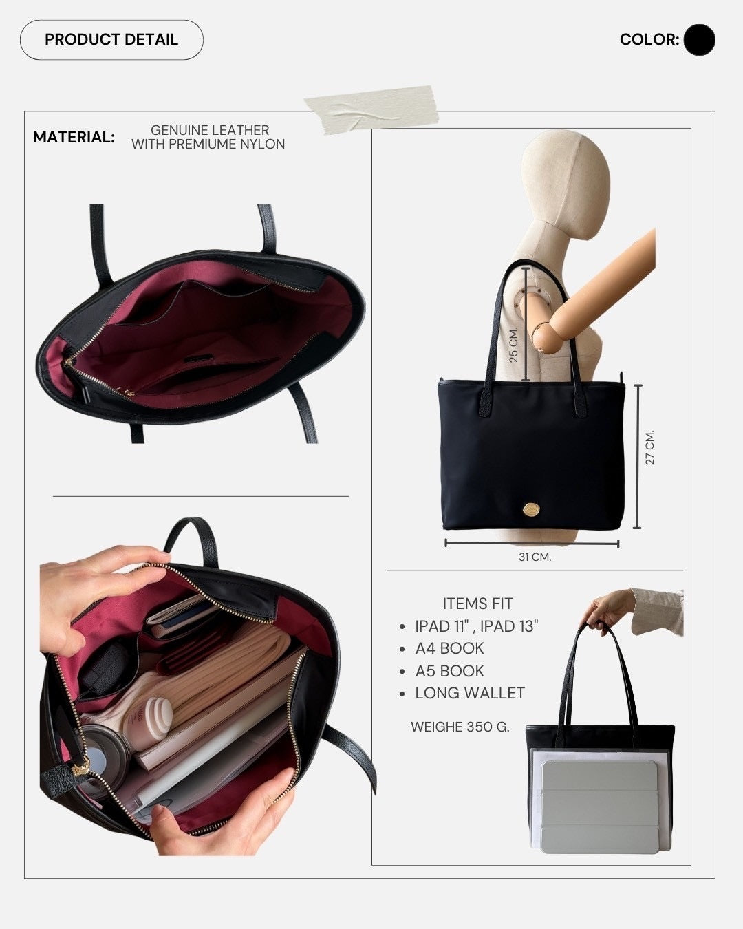 Black: FAVE TOTE Bag 10.5 inch, Premium Nylon with Genuine leather