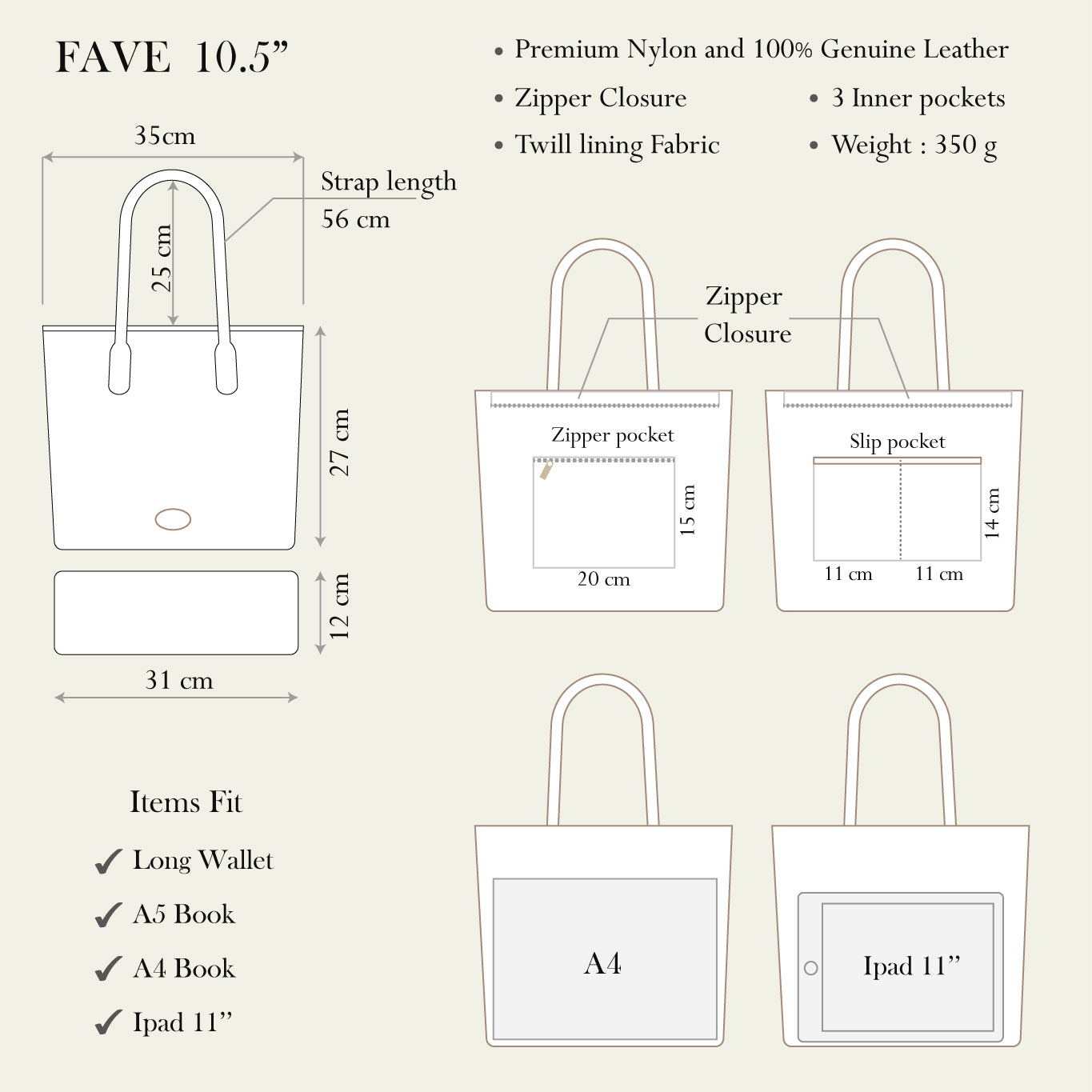 Black: FAVE TOTE Bag 10.5 inch, Premium Nylon with Genuine leather
