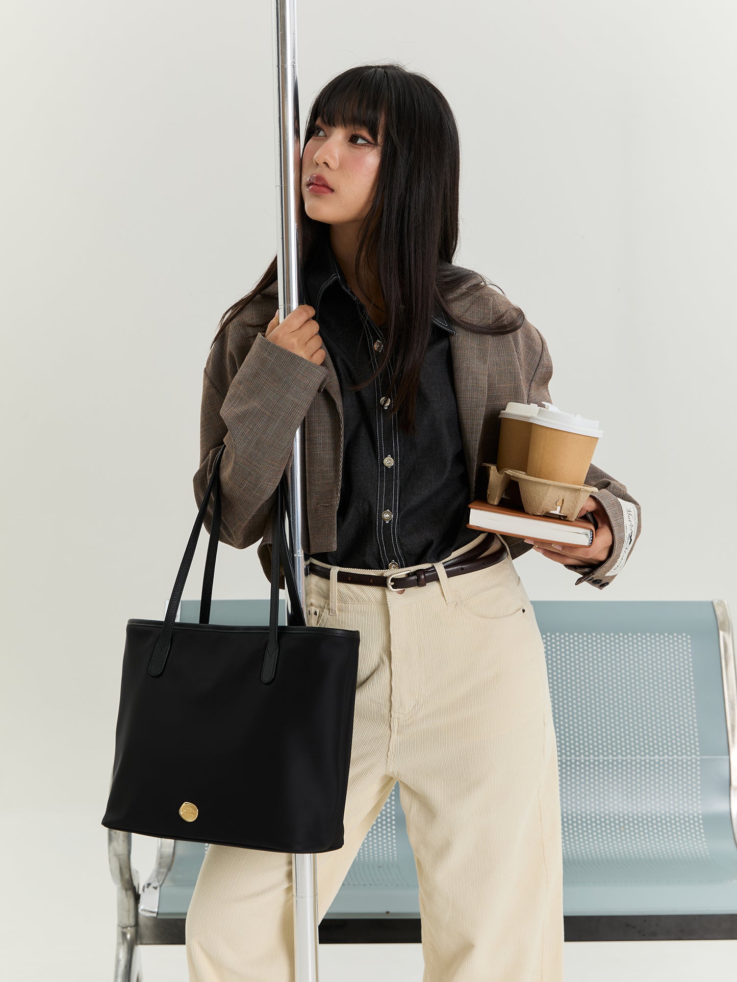 Black: FAVE TOTE Bag 10.5 inch, Premium Nylon with Genuine leather