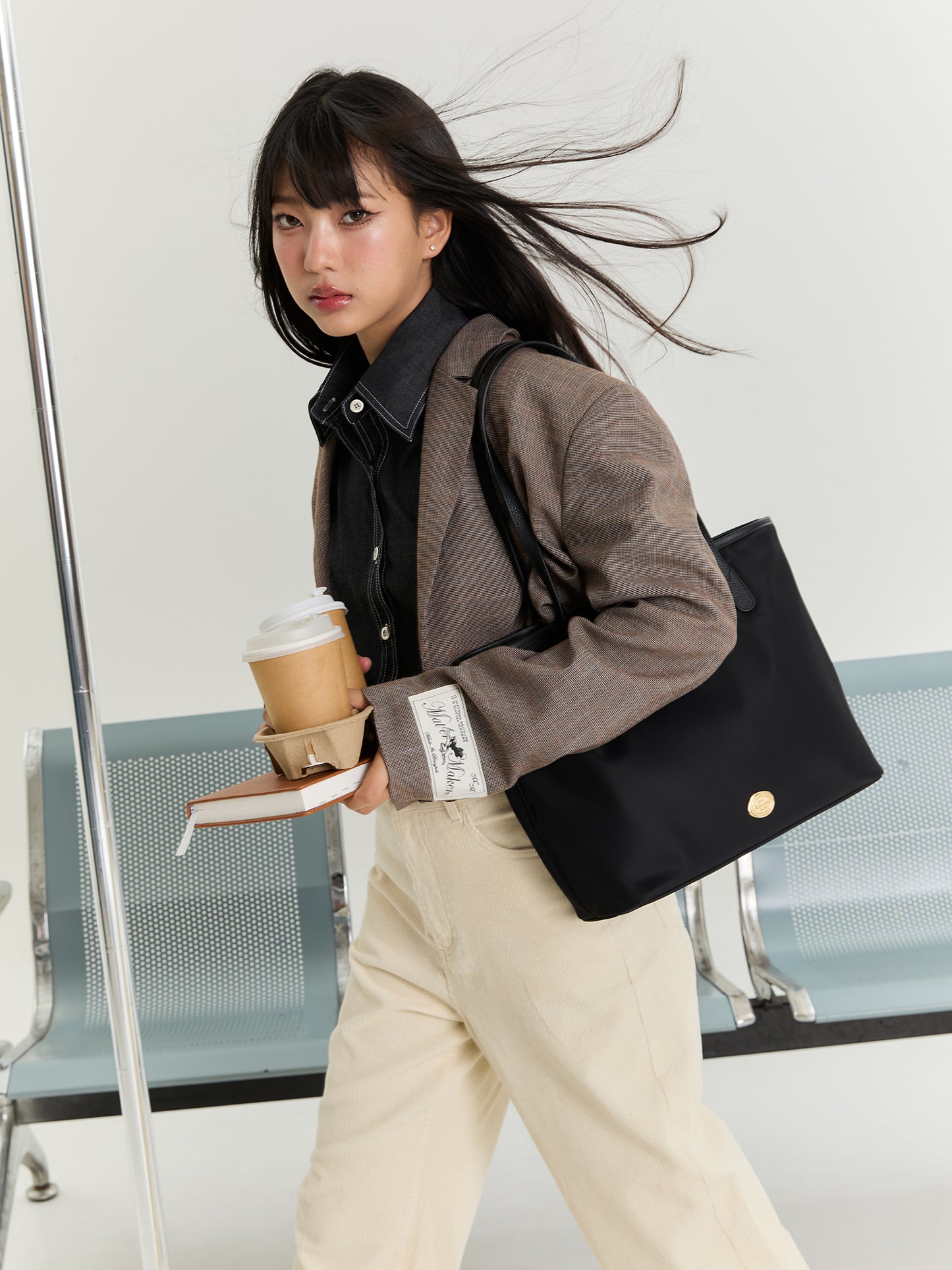 Black: FAVE TOTE Bag 10.5 inch, Premium Nylon with Genuine leather