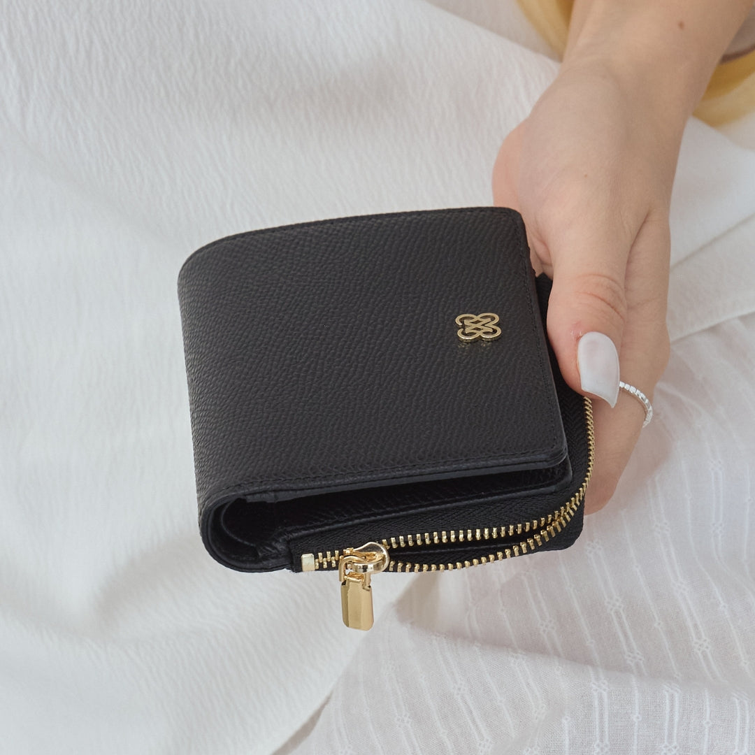 CARA Bi-Fold Wallet with Back Zip Genuine Leather Short Wallet