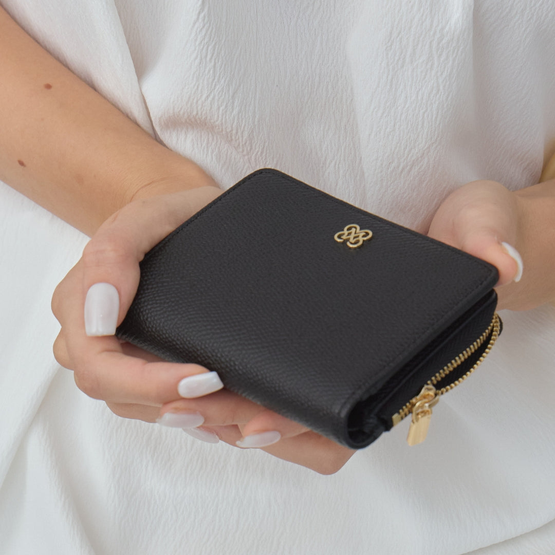 CARA Bi-Fold Wallet with Back Zip Genuine Leather Short Wallet