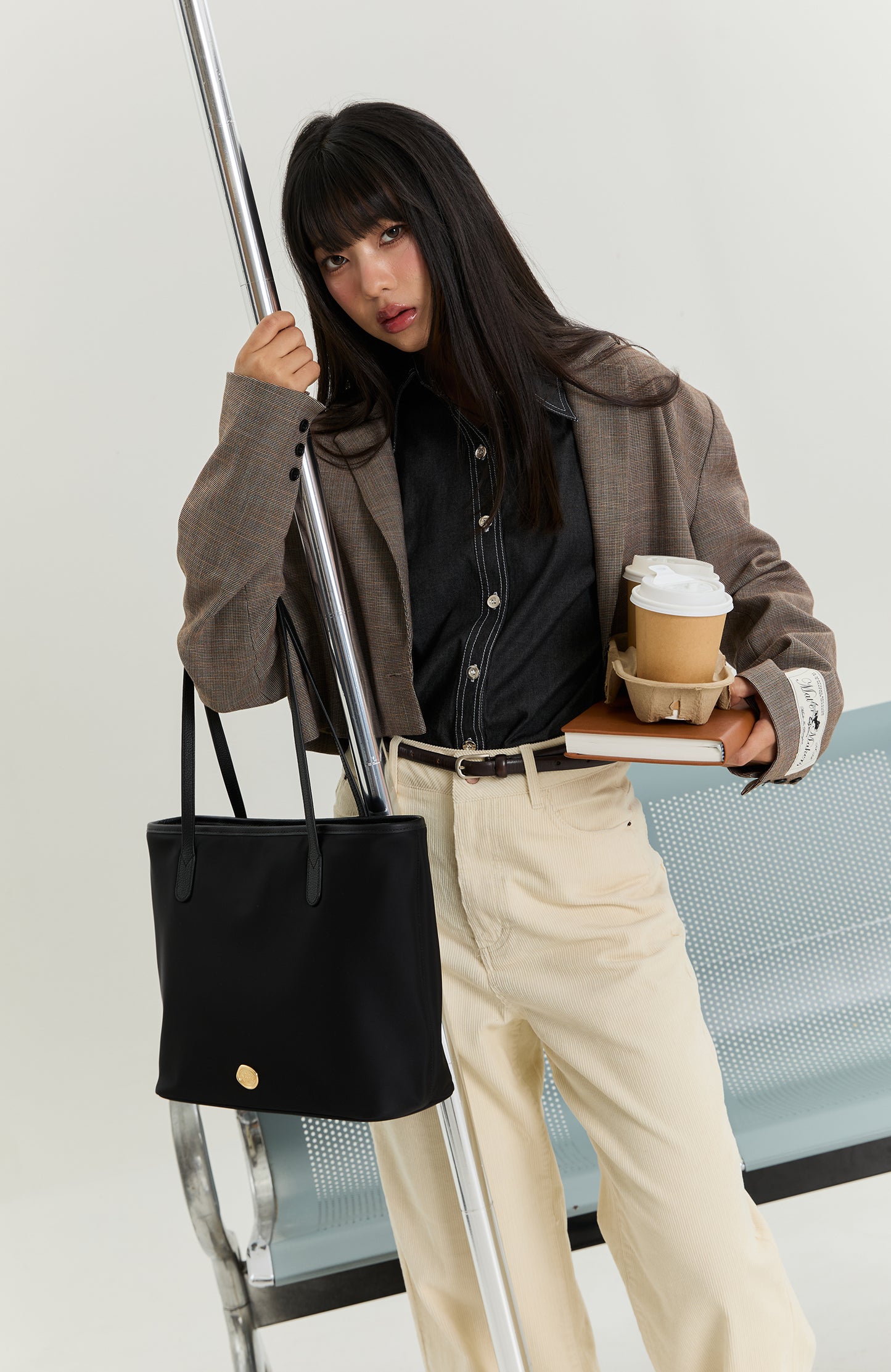 Black: FAVE TOTE Bag 10.5 inch, Premium Nylon with Genuine leather